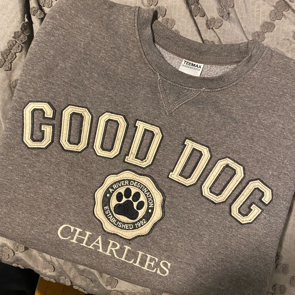 Gray “Good Dog Charlie’s” Embroidered Crewneck